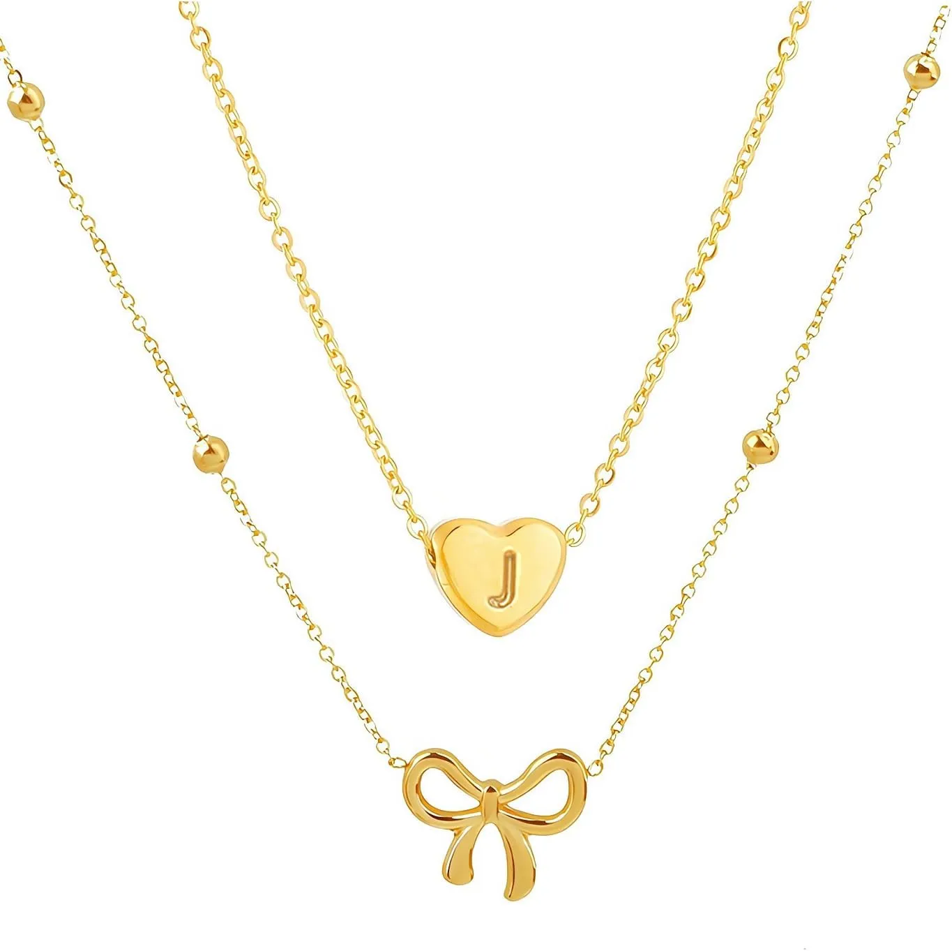 Initial Necklace for Women Layered Bow and Heart Necklace Non Tarnish Letter Necklace A-Z Trendy Gold Plated Necklace Cute Dainty Charm Jewelry