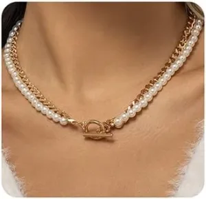 Jumwrit Pearl Layered Necklaces Cuban Link Necklace Dainty Chain Toggle Necklaces Costume Accessories for WomenGold