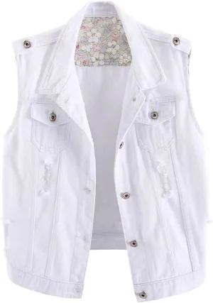 Kedera Womens Denim Jean Vest Classic Junior Button Up Cropped Distressed Sleeveless Jean Jacket