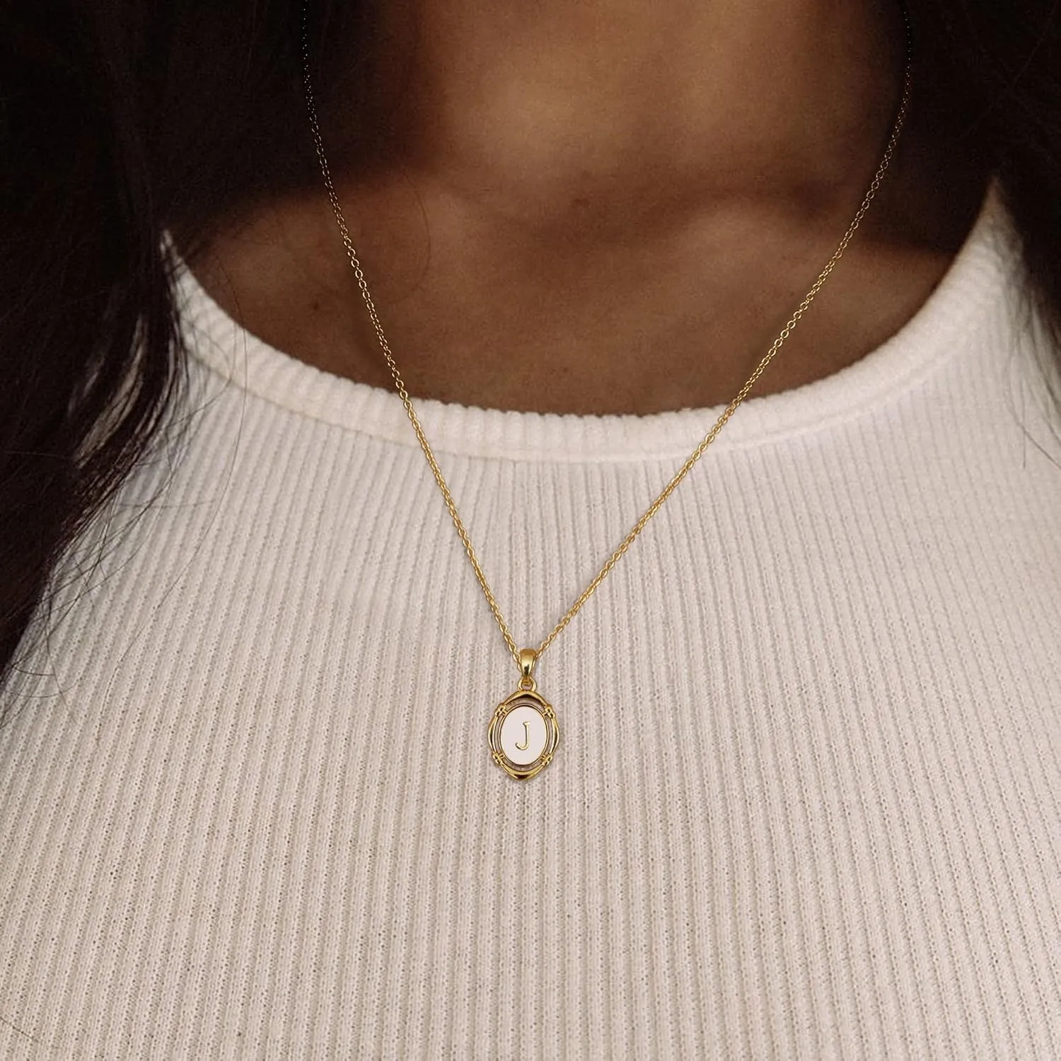 Krfy Initial Necklaces for Women - Dainty Gold Charm Necklaces 14K Gold Plated Oval Letter White Enamel Personalized Name Necklaces for Women Trendy Gold Necklace Jewelry