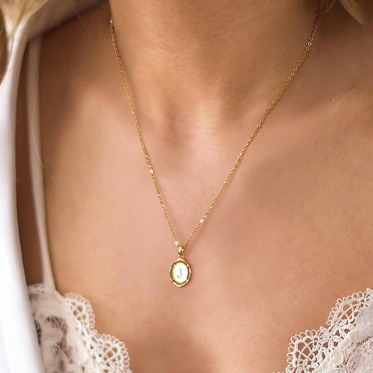 Krfy Initial Necklaces for Women - Dainty Gold Charm Necklaces 14K Gold Plated Oval Letter White Enamel Personalized Name Necklaces for Women Trendy Gold Necklace Jewelry