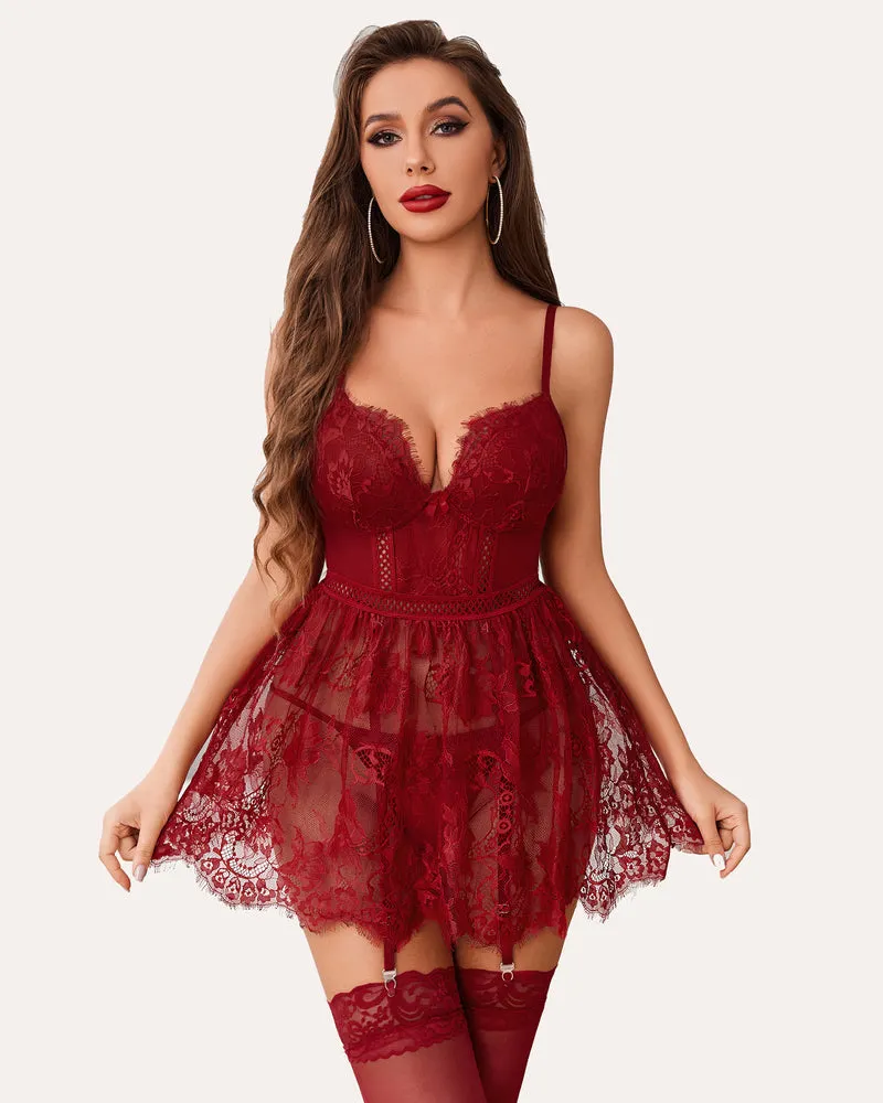 Lace Babydoll with Garter Belt Slip Dress
