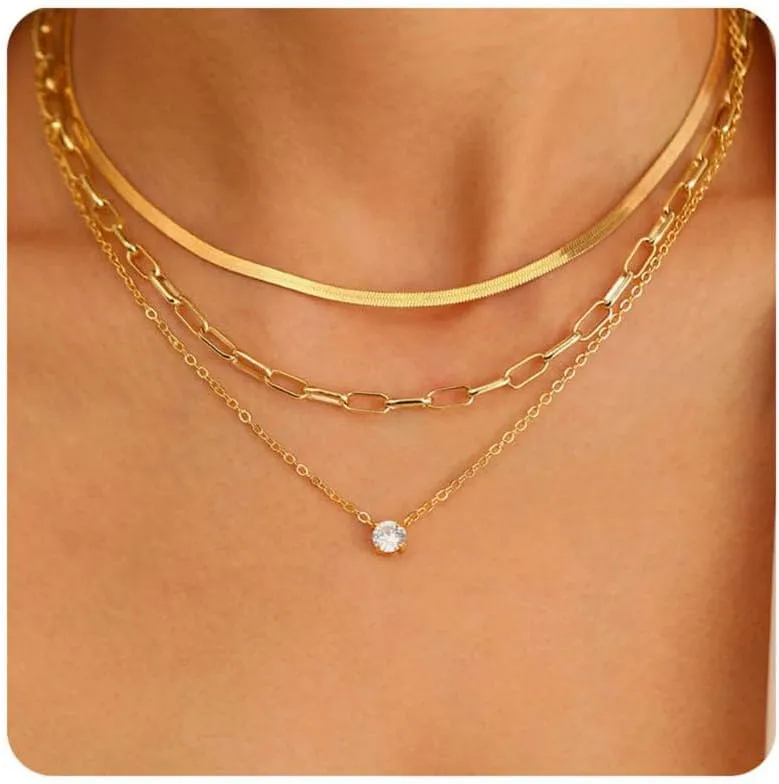 Layered Gold Necklaces for Women, 3 Layer Necklace Pendant Chain Necklace Dainty Layering Choker Necklaces