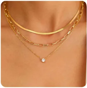 Layered Gold Necklaces for Women, 3 Layer Necklace Pendant Chain Necklace Dainty Layering Choker Necklaces