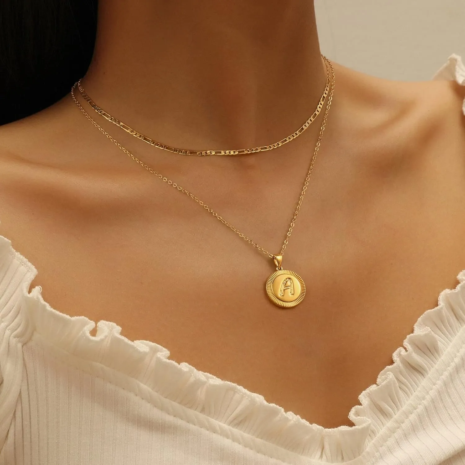Layered Initial Necklaces for Women, 14K Gold Plated Paperclip Chain Necklace Round Gold Necklace Letter Pendant Layering Initial Necklaces for Women Gold Jewelry for Women Gifts