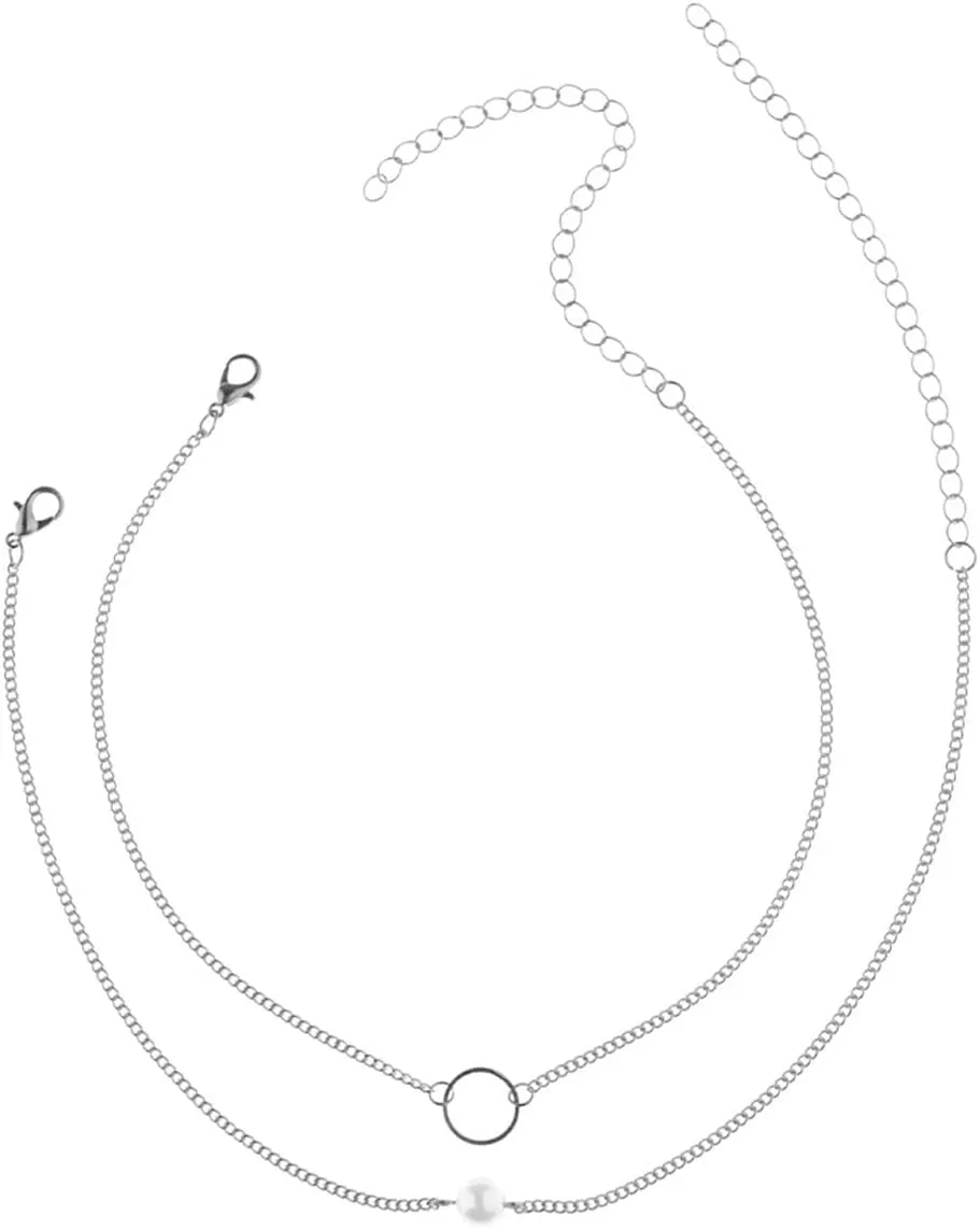 Layered Necklace for Women, Layered Necklaces for Women Circle Pearl Pendant Chain Necklaces Jewelry for Women, 2 Pieces, Silver, 38CM