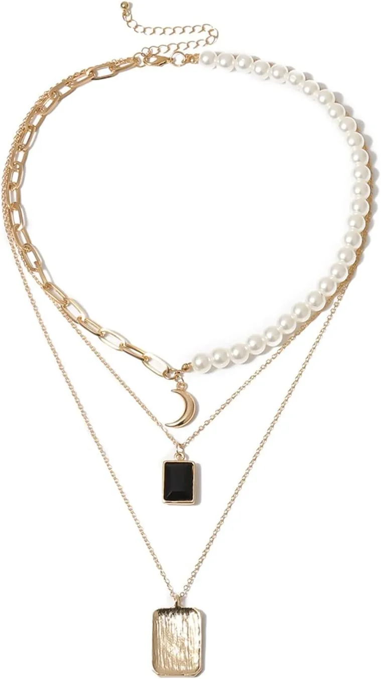Layered Necklace for Women, Layered Necklaces for Women Moon Pearl Pendant Chain Necklaces Jewelry Birthday Gift for Her, 5 Pieces