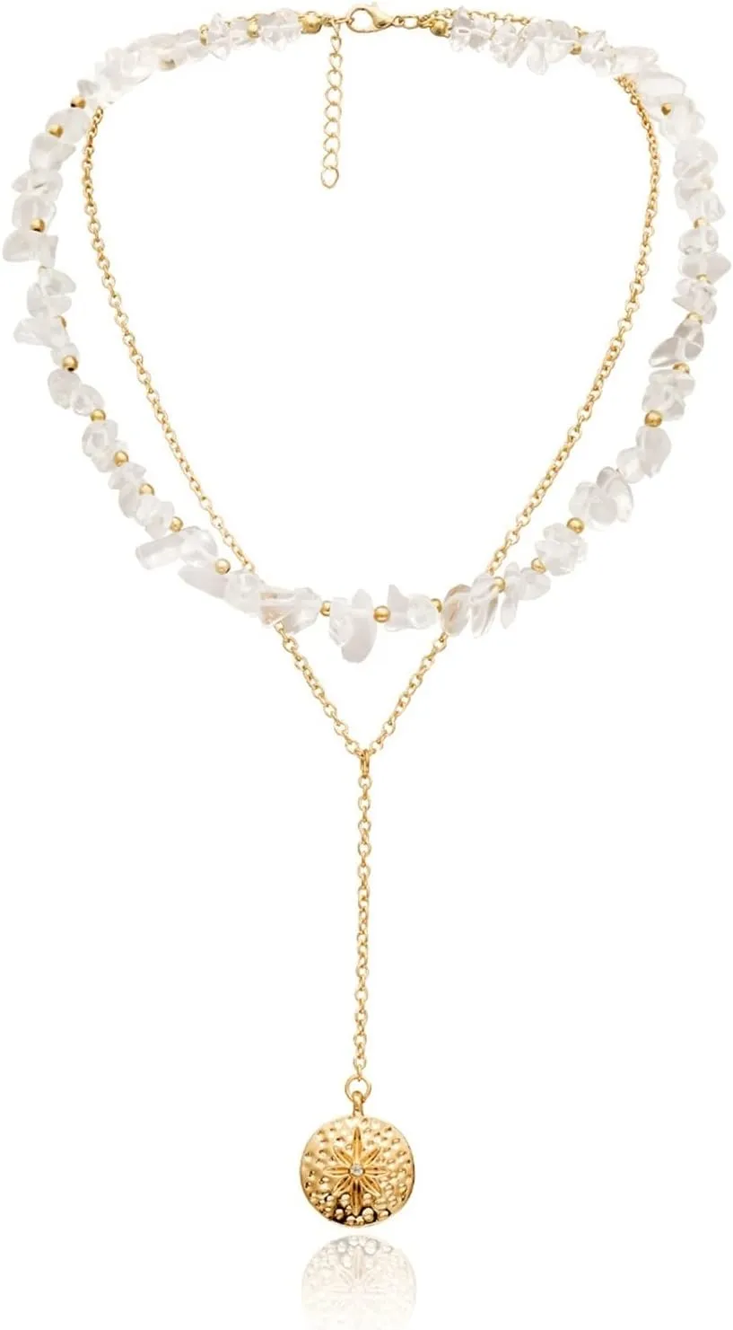 Layered Necklaces for Women, Gold Layered Necklaces for Women Trendy 2 Layer Gold Lobster Claw Geometric Bead Design Roommate Gifts for Women 49Cm