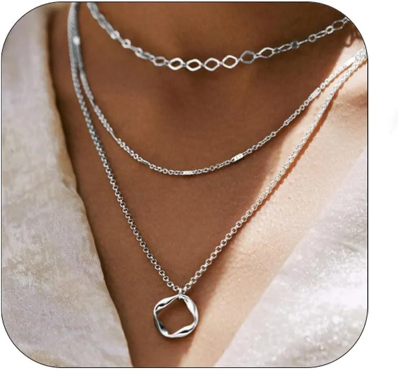 Layered Silver Necklaces for Women,Sterling Silver Stackable Dainty Silver Choker Necklaces for Women Trendy silver necklace set Circle Pendant Chain Necklace Set Jewelry Gifts for Women