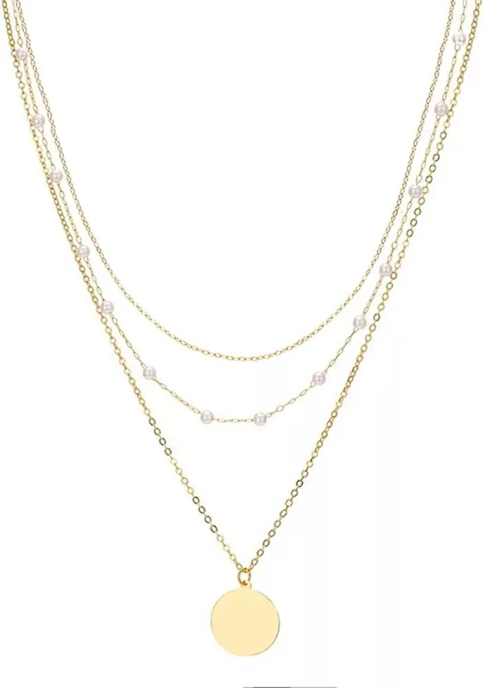 Layering Pendant Necklaces, 14K Gold Plated Layered Separate Choker Necklaces, Dainty Pearl Chokers Necklace, Multi layer Y Pendant Adjustable Disc Necklaces Set for Women Gold
