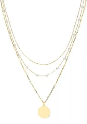Layering Pendant Necklaces, 14K Gold Plated Layered Separate Choker Necklaces, Dainty Pearl Chokers Necklace, Multi layer Y Pendant Adjustable Disc Necklaces Set for Women Gold