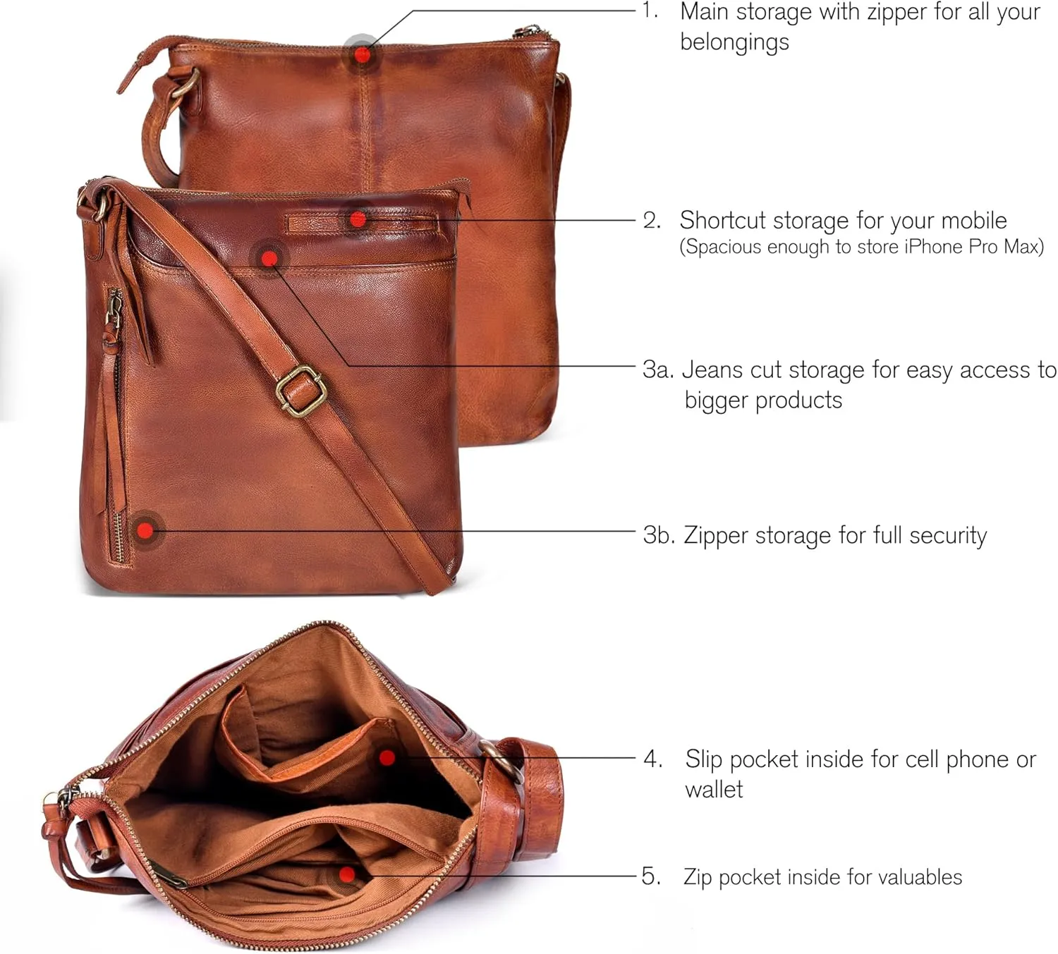 Leather Crossbody Bags for Women - Ladies Sling Handbags - Medium Cross body Purses Handbags - Purses For Women