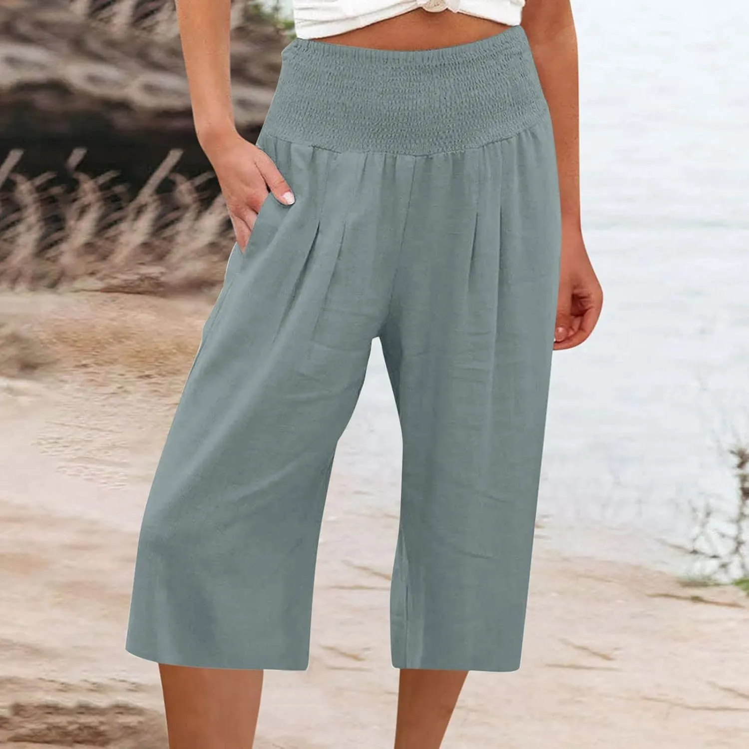 LEMONONSTORE Casual Wide Leg Linen Palazzo Pants Women Smocked High Waisted Capris Trendy Pleated Loose Wrap Pockets Pants