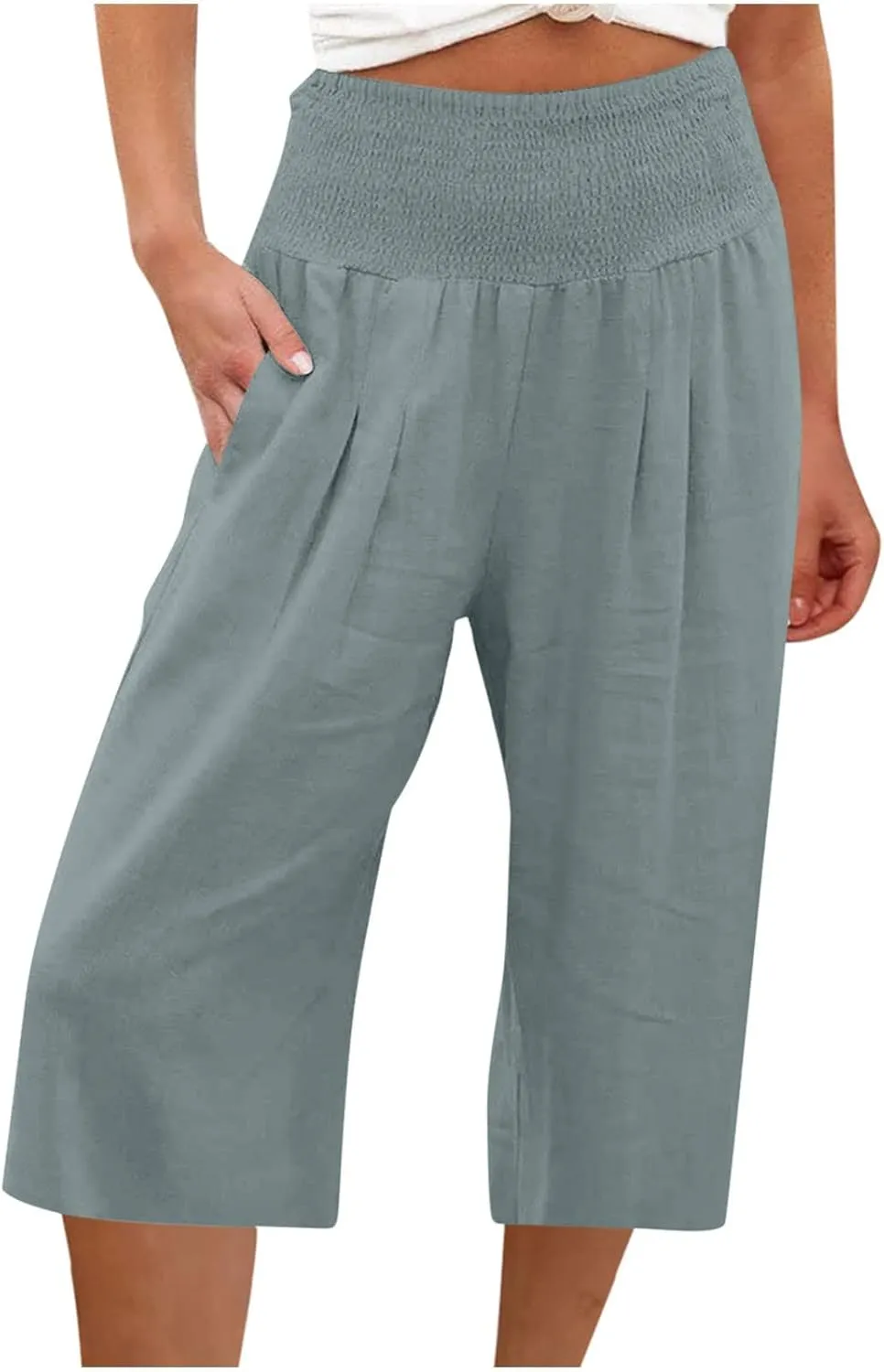 LEMONONSTORE Casual Wide Leg Linen Palazzo Pants Women Smocked High Waisted Capris Trendy Pleated Loose Wrap Pockets Pants