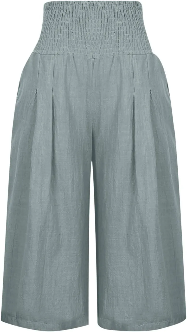 LEMONONSTORE Casual Wide Leg Linen Palazzo Pants Women Smocked High Waisted Capris Trendy Pleated Loose Wrap Pockets Pants