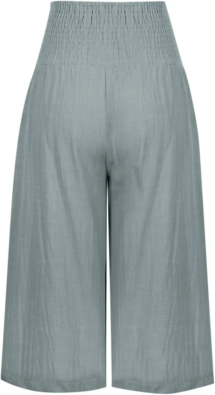 LEMONONSTORE Casual Wide Leg Linen Palazzo Pants Women Smocked High Waisted Capris Trendy Pleated Loose Wrap Pockets Pants