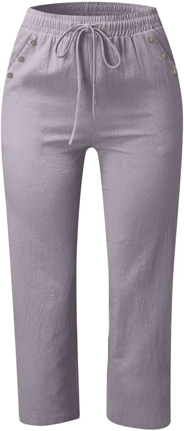 Linen Capri Pants for Women Casual Summer Capris Drawstring High Waist Pants Wide Leg Cropped Trousers