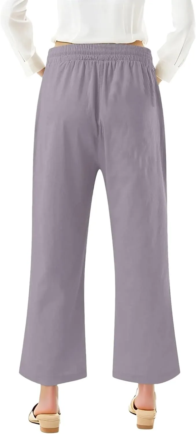 Linen Capri Pants for Women Casual Summer Capris Drawstring High Waist Pants Wide Leg Cropped Trousers