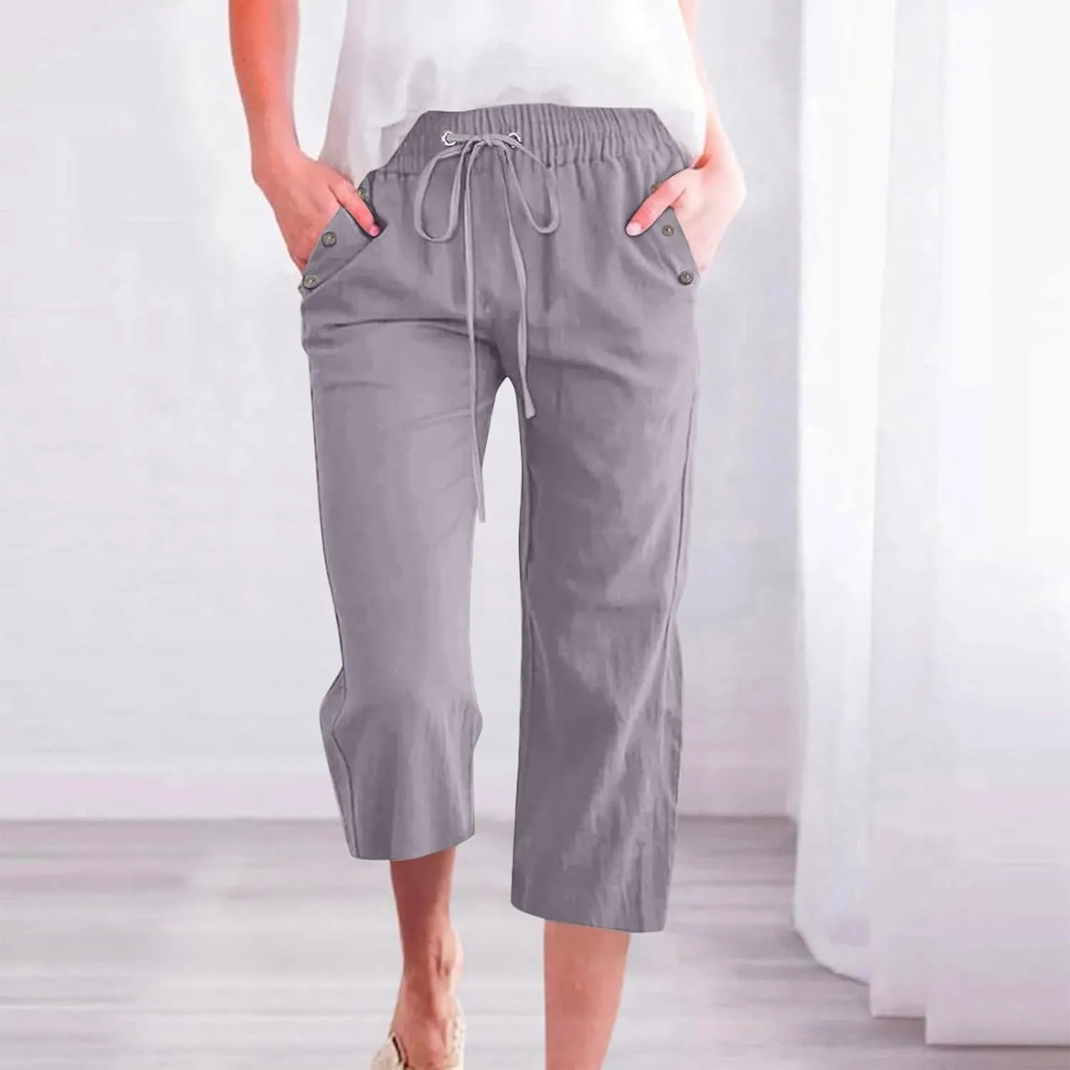 Linen Capri Pants for Women Casual Summer Capris Drawstring High Waist Pants Wide Leg Cropped Trousers