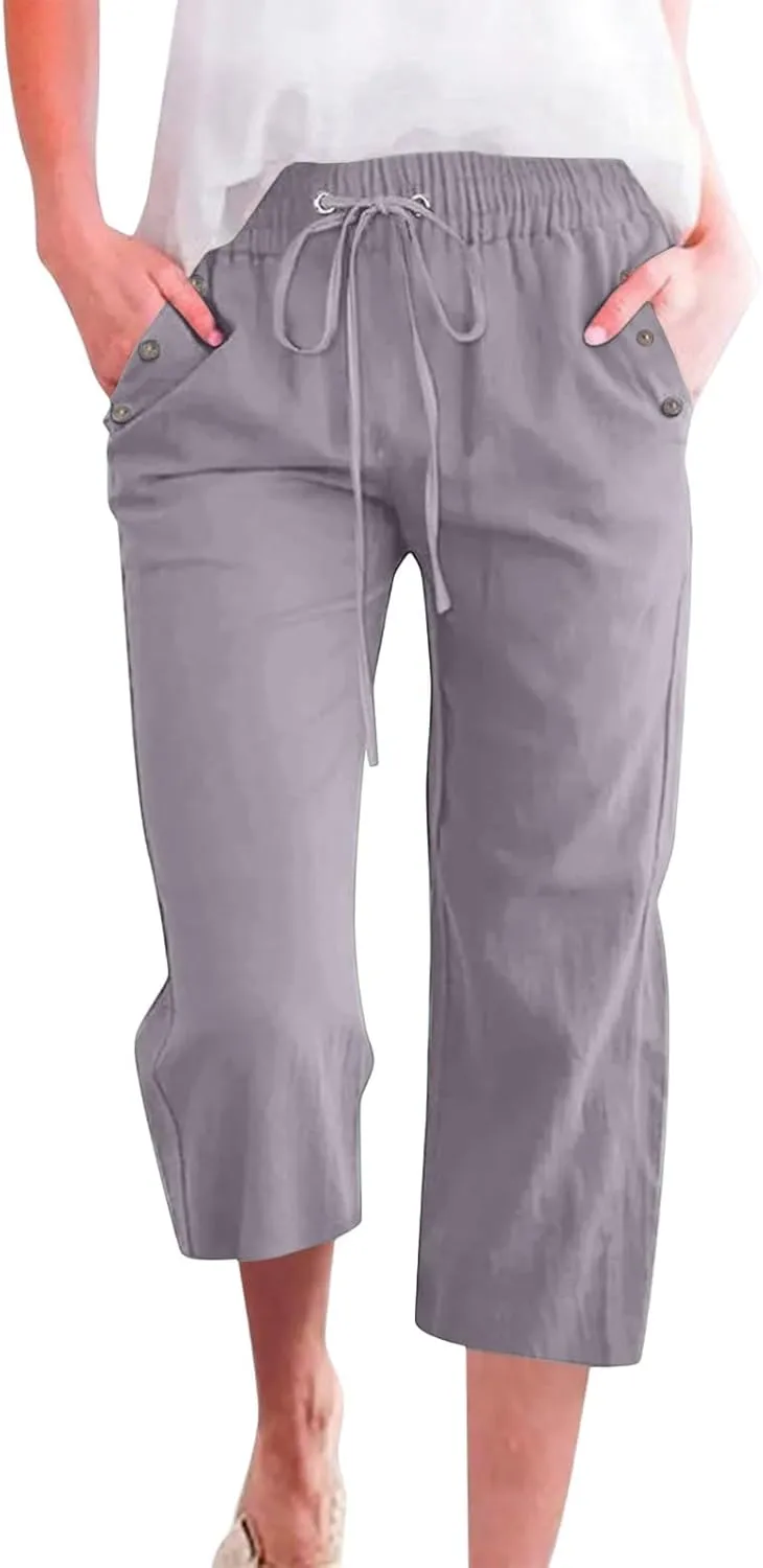 Linen Capri Pants for Women Casual Summer Capris Drawstring High Waist Pants Wide Leg Cropped Trousers
