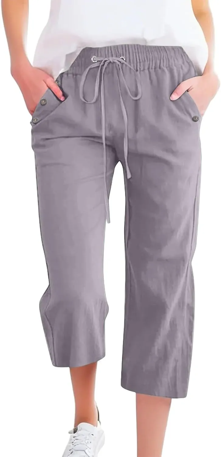 Linen Capri Pants for Women Casual Summer Capris Drawstring High Waist Pants Wide Leg Cropped Trousers