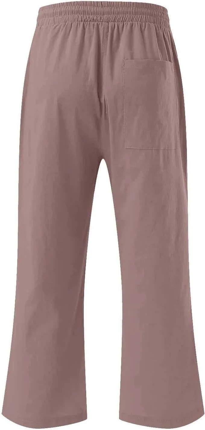 Linen Capri Pants for Women Cotton Casual Summer Capris High Waist Wide Leg Loose Drawstring Elastic Cropped Trousers
