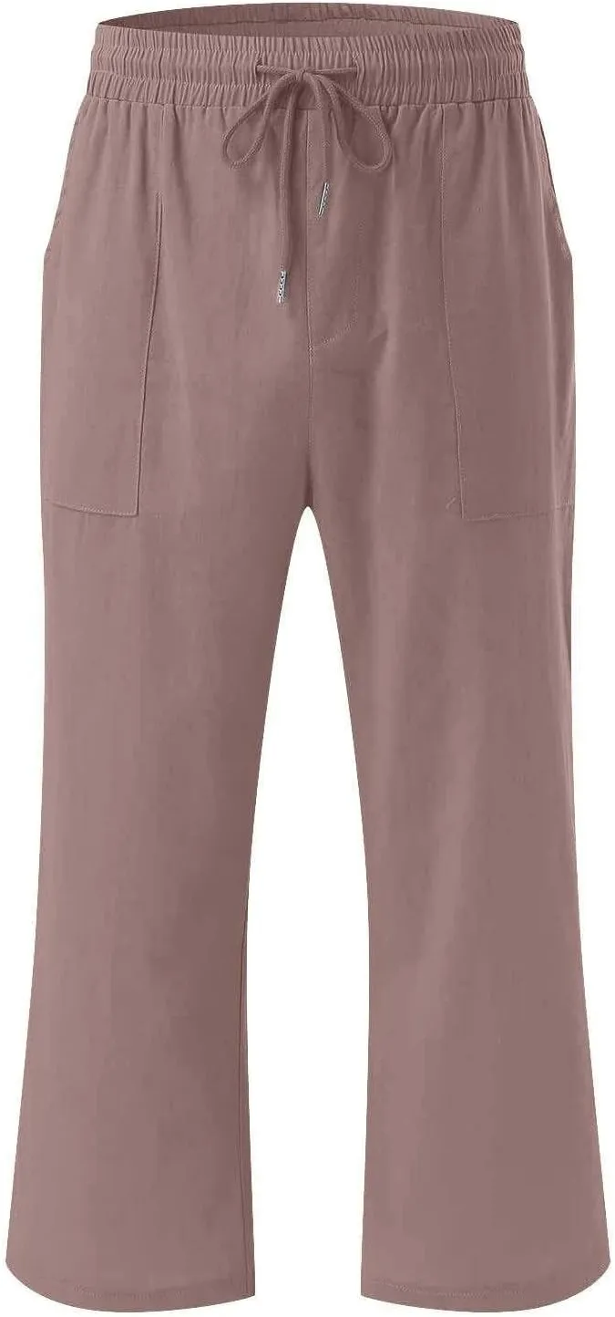 Linen Capri Pants for Women Cotton Casual Summer Capris High Waist Wide Leg Loose Drawstring Elastic Cropped Trousers