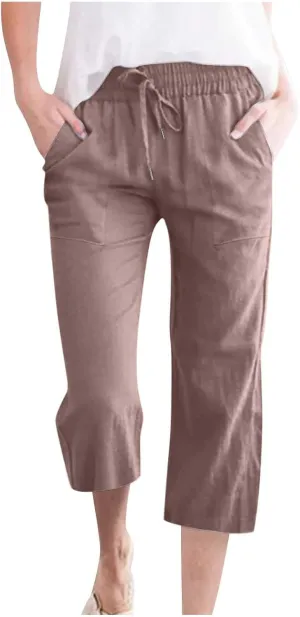 Linen Capri Pants for Women Cotton Casual Summer Capris High Waist Wide Leg Loose Drawstring Elastic Cropped Trousers