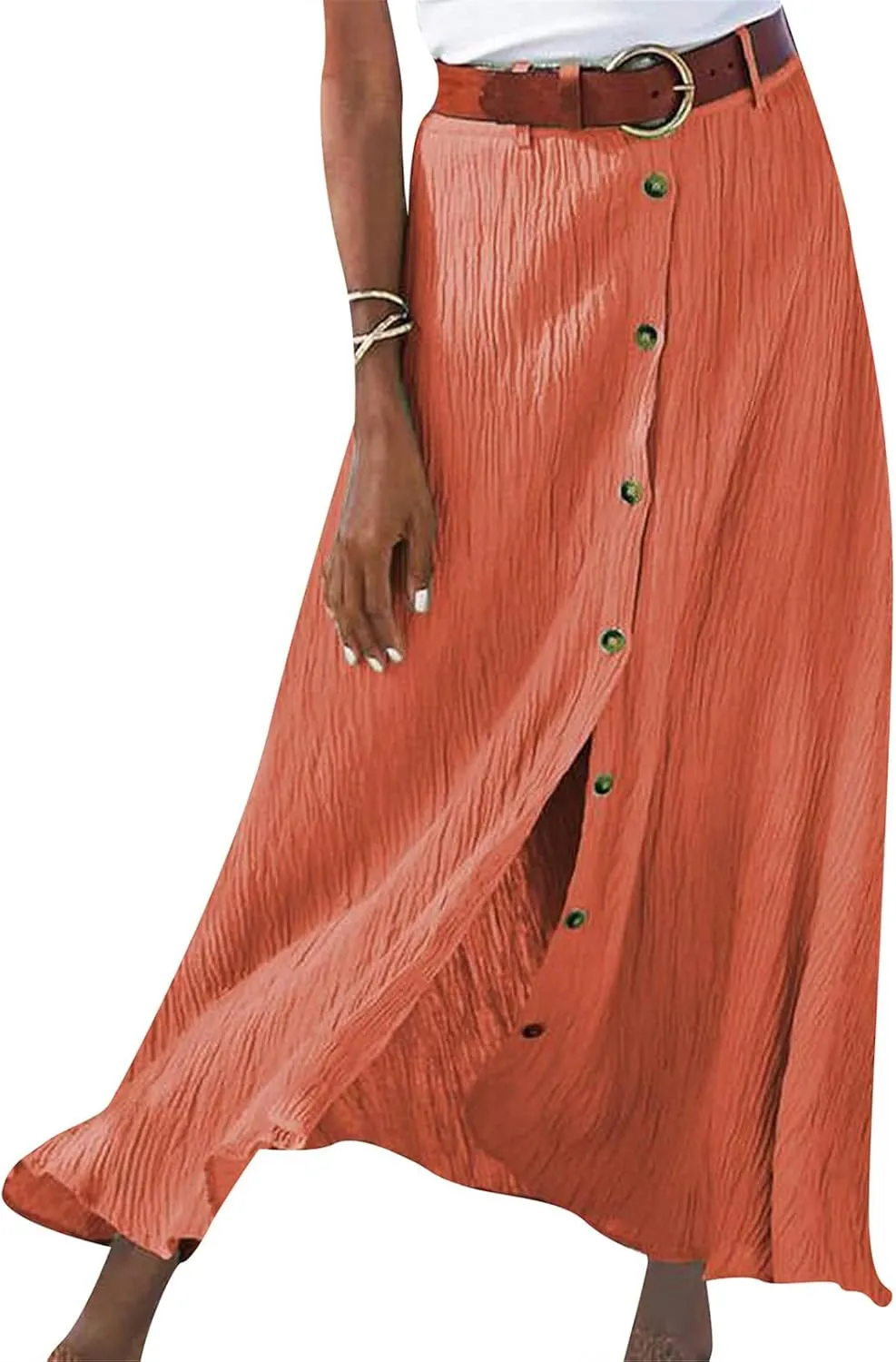 Linen Maxi Skirts for Women Summer Lightweight Midi Waisted Split Button Skorts Casual Breathable A Line Beach Skirt