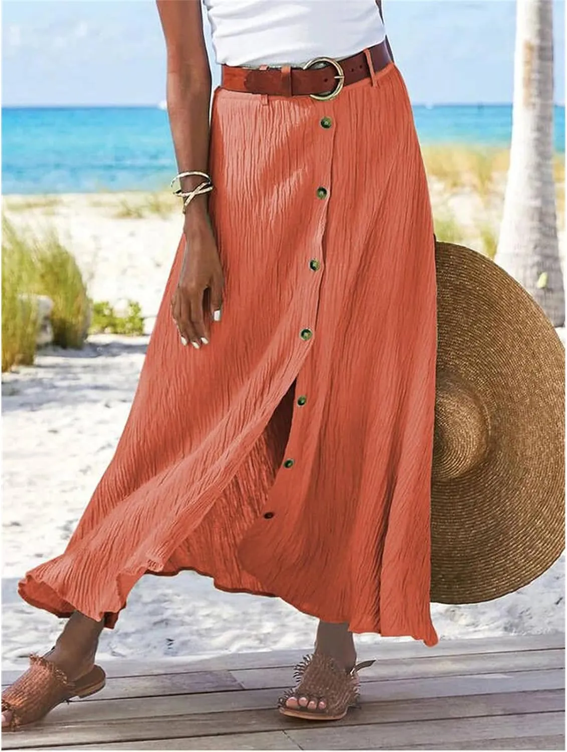 Linen Maxi Skirts for Women Summer Lightweight Midi Waisted Split Button Skorts Casual Breathable A Line Beach Skirt