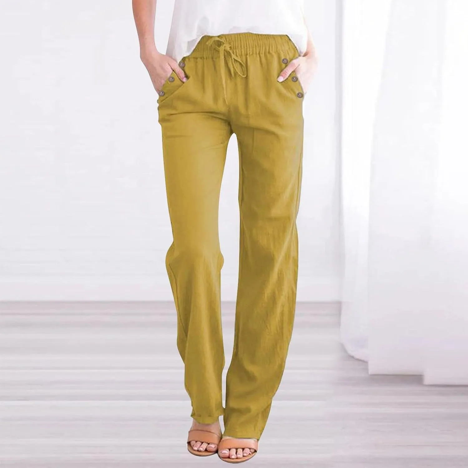 Linen Pants for Women Printed Capri Pant Plus Size Wide Leg Sweatpants Summer Cropped Elastic Waist Trousers