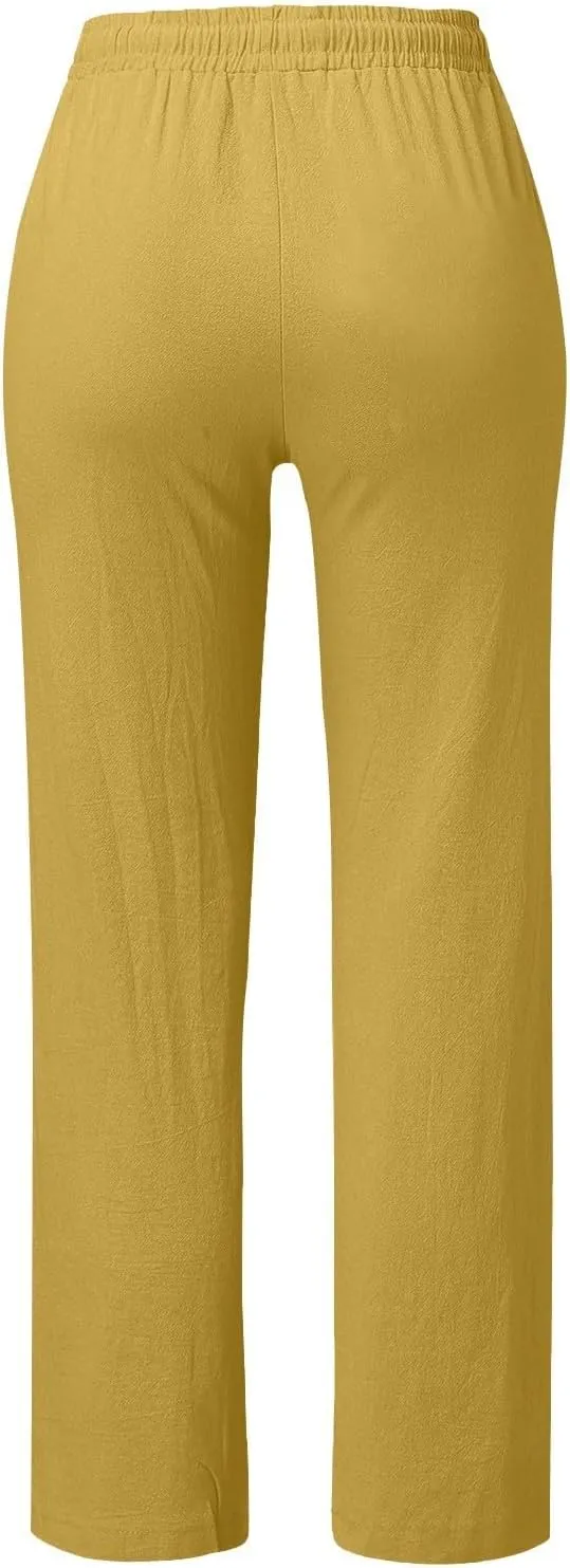 Linen Pants for Women Printed Capri Pant Plus Size Wide Leg Sweatpants Summer Cropped Elastic Waist Trousers