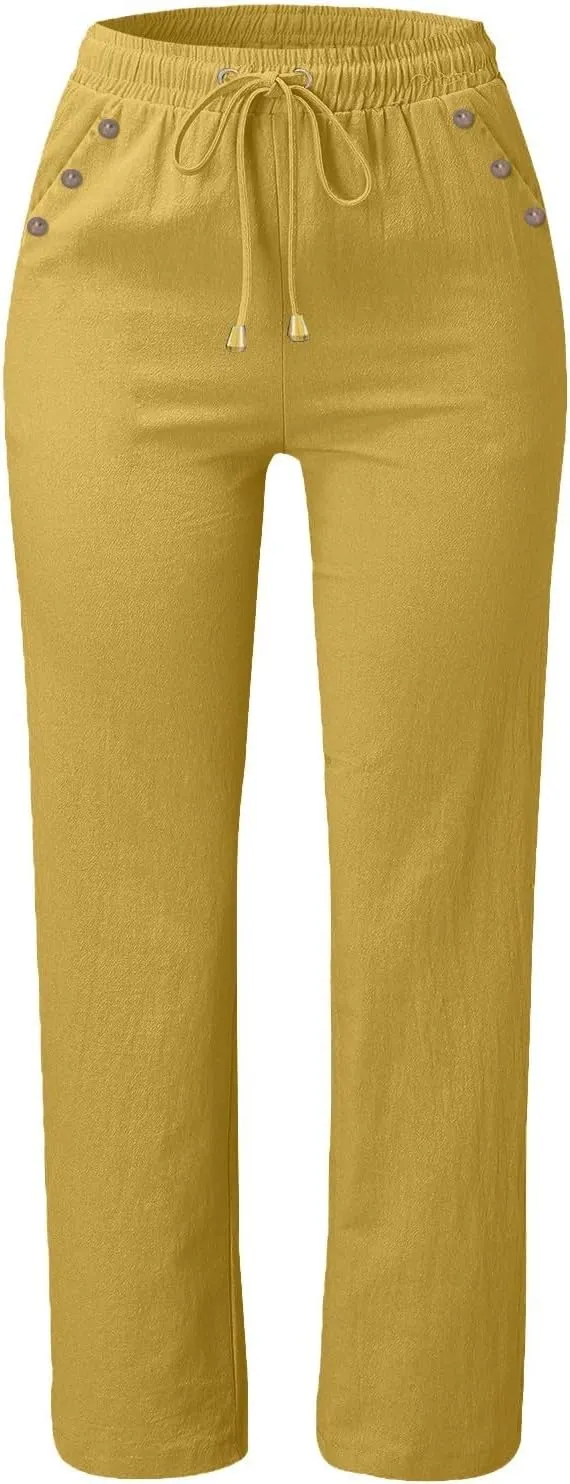 Linen Pants for Women Printed Capri Pant Plus Size Wide Leg Sweatpants Summer Cropped Elastic Waist Trousers