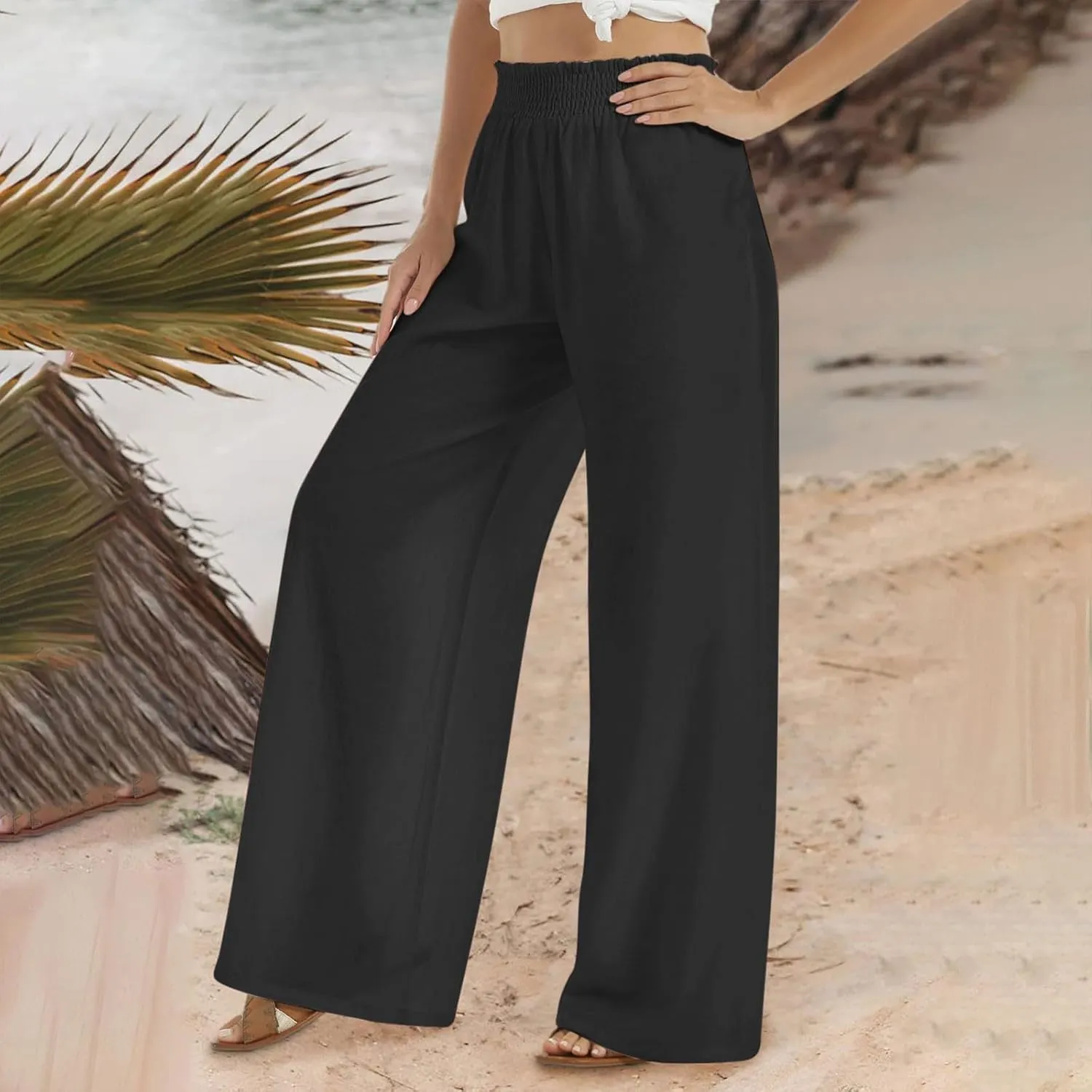 Linen Pants for Women's Smocked High Waist Palazzo Pants Summer Flowy Long Pants Wide Leg Beach Trousers with Pockets
