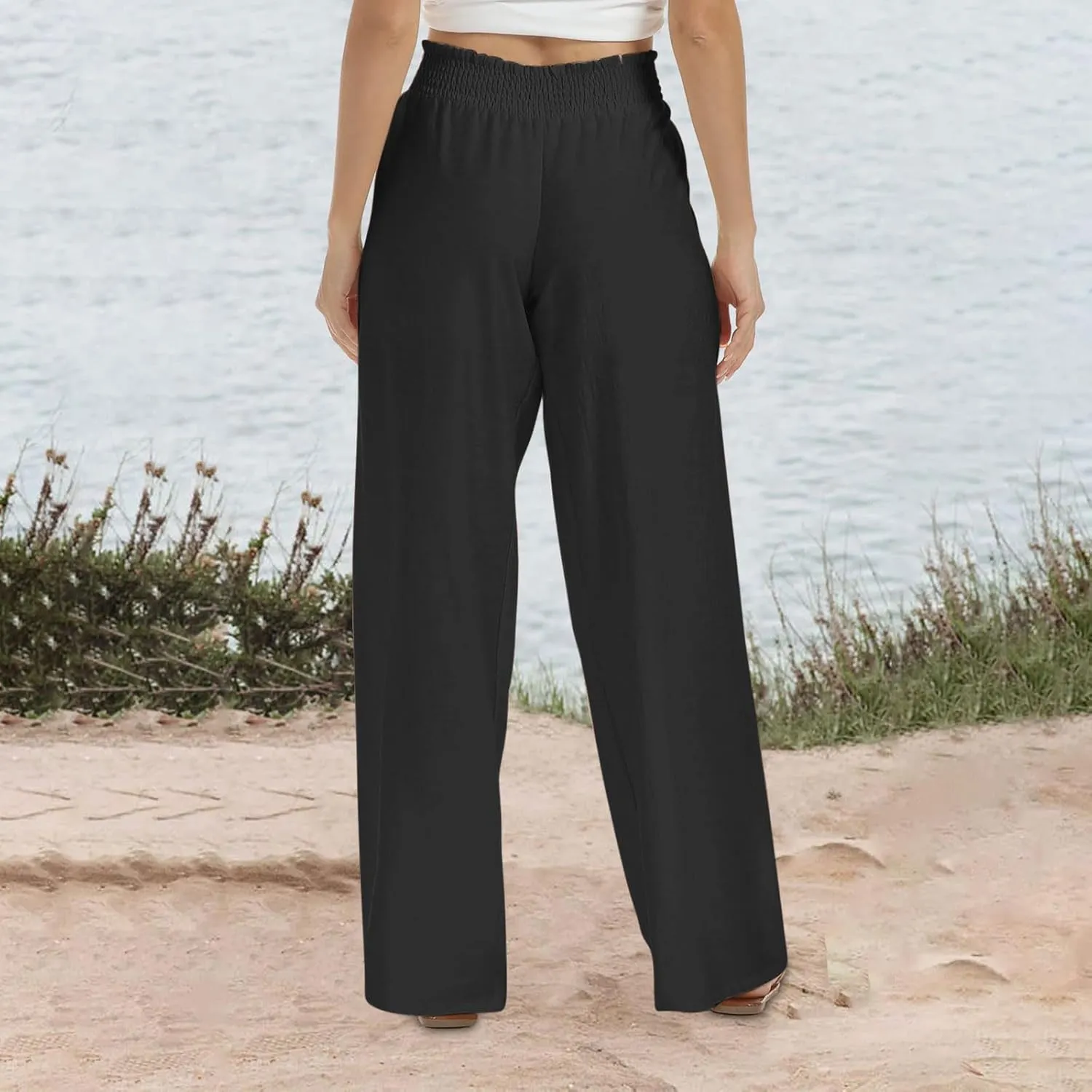 Linen Pants for Women's Smocked High Waist Palazzo Pants Summer Flowy Long Pants Wide Leg Beach Trousers with Pockets