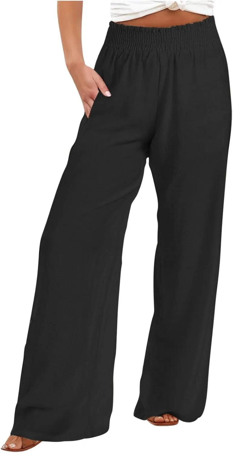 Linen Pants for Women's Smocked High Waist Palazzo Pants Summer Flowy Long Pants Wide Leg Beach Trousers with Pockets