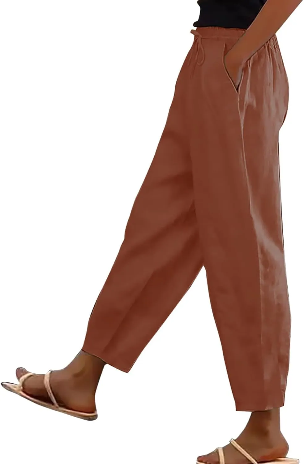 Linen Pants Women Straight Leg Drawstring Casual Trousers Pockets Beach Vacation Lounge Palazzo High Waist Pants
