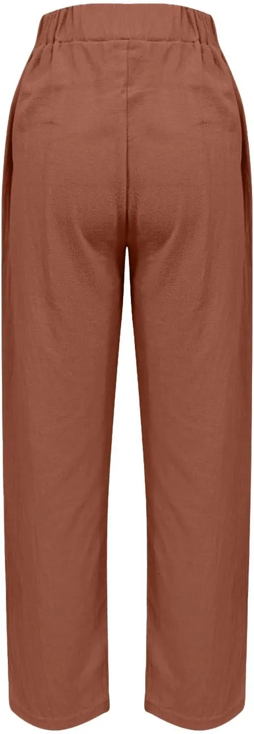 Linen Pants Women Straight Leg Drawstring Casual Trousers Pockets Beach Vacation Lounge Palazzo High Waist Pants