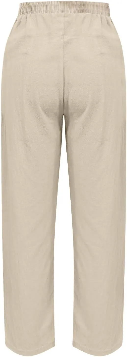 Linen Pants Women Straight Leg Drawstring Casual Trousers Pockets Beach Vacation Lounge Palazzo High Waist Pants