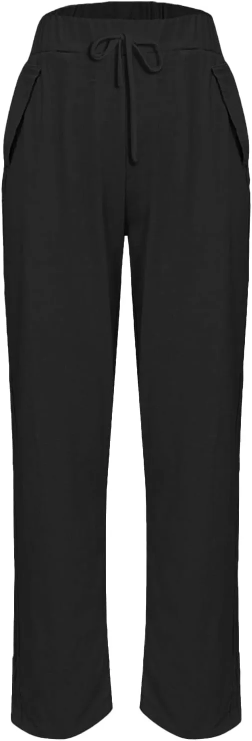 Linen Pants Women Straight Leg Drawstring Casual Trousers Pockets Beach Vacation Lounge Palazzo High Waist Pants