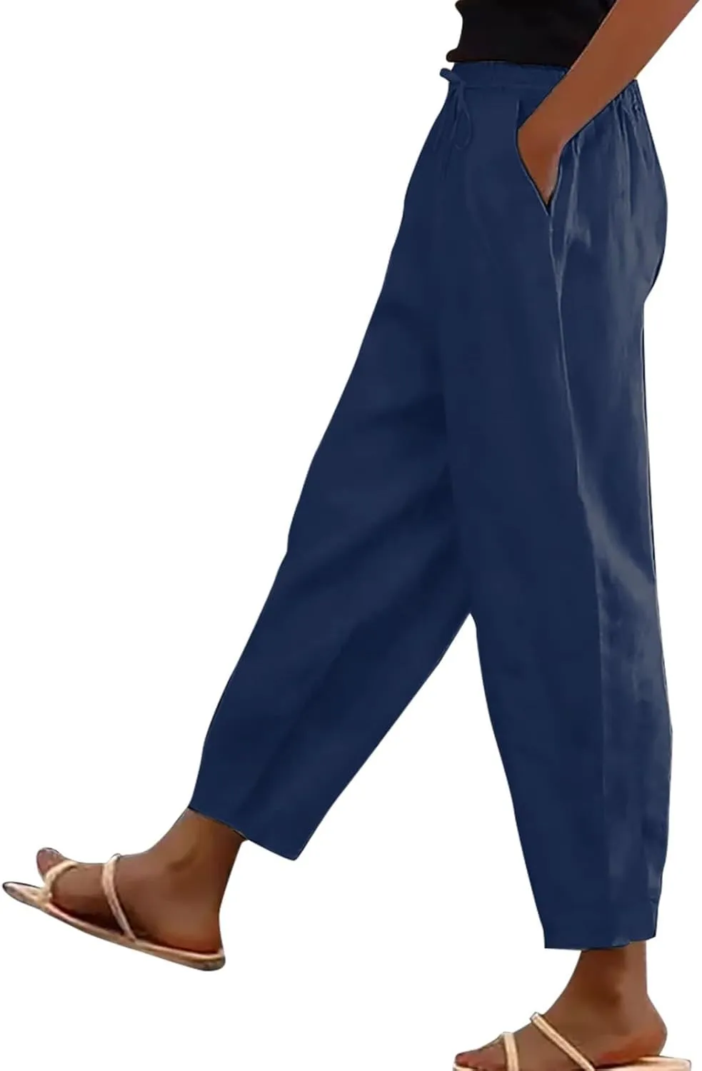 Linen Pants Women Straight Leg Drawstring Casual Trousers Pockets Beach Vacation Lounge Palazzo High Waist Pants