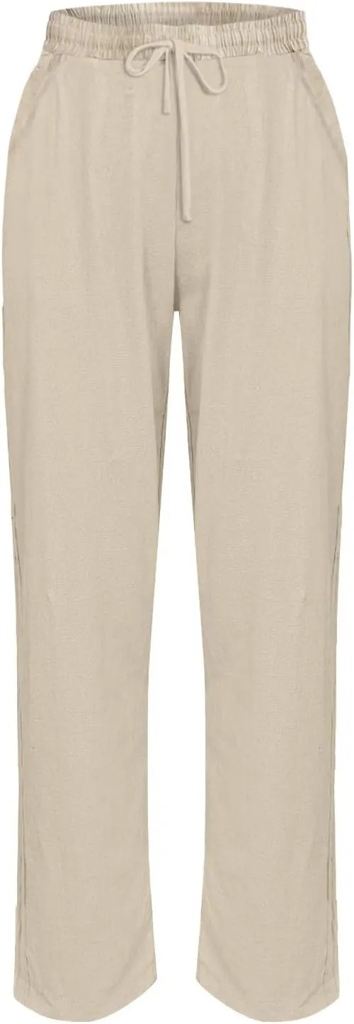 Linen Pants Women Straight Leg Drawstring Casual Trousers Pockets Beach Vacation Lounge Palazzo High Waist Pants
