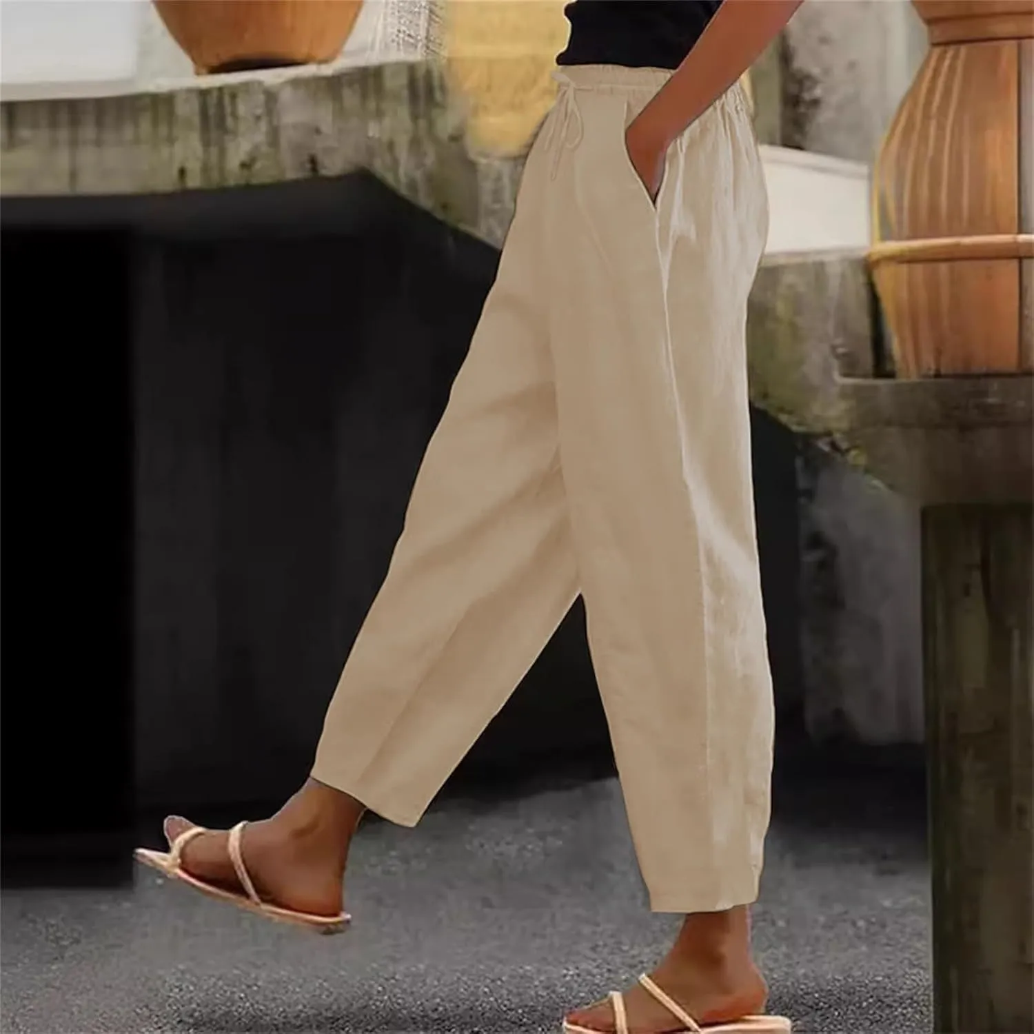Linen Pants Women Straight Leg Drawstring Casual Trousers Pockets Beach Vacation Lounge Palazzo High Waist Pants