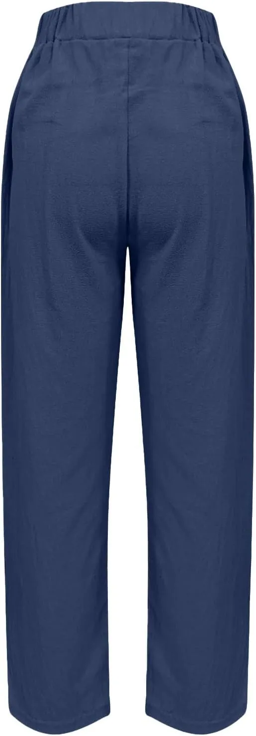 Linen Pants Women Straight Leg Drawstring Casual Trousers Pockets Beach Vacation Lounge Palazzo High Waist Pants
