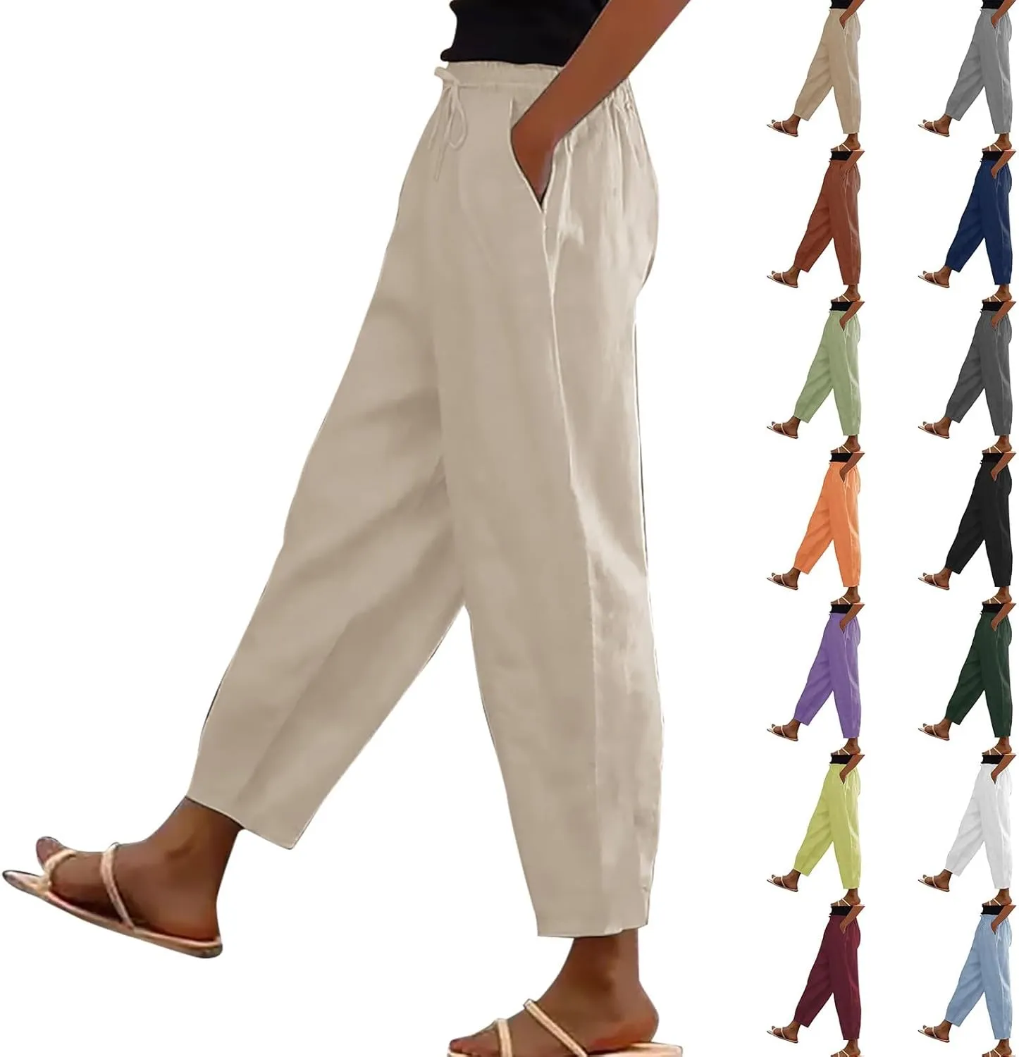 Linen Pants Women Straight Leg Drawstring Casual Trousers Pockets Beach Vacation Lounge Palazzo High Waist Pants
