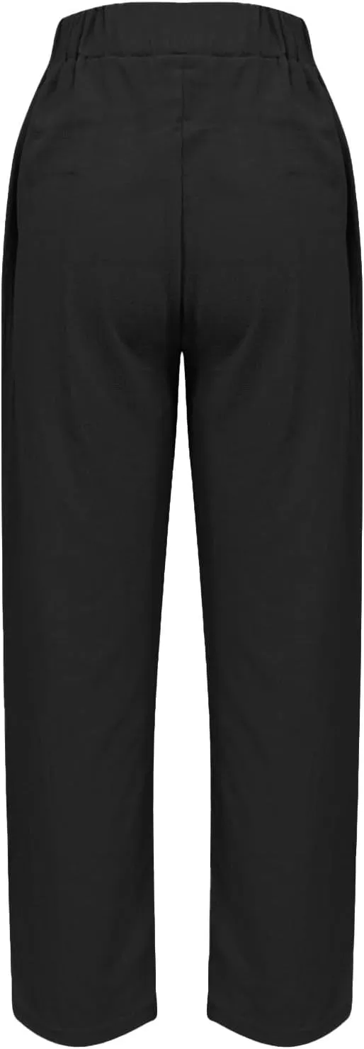 Linen Pants Women Straight Leg Drawstring Casual Trousers Pockets Beach Vacation Lounge Palazzo High Waist Pants
