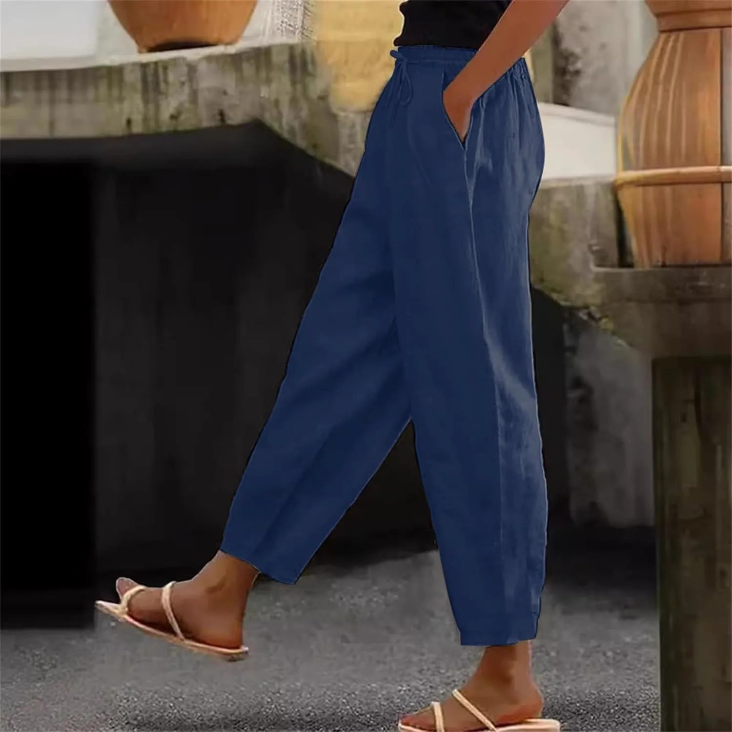 Linen Pants Women Straight Leg Drawstring Casual Trousers Pockets Beach Vacation Lounge Palazzo High Waist Pants