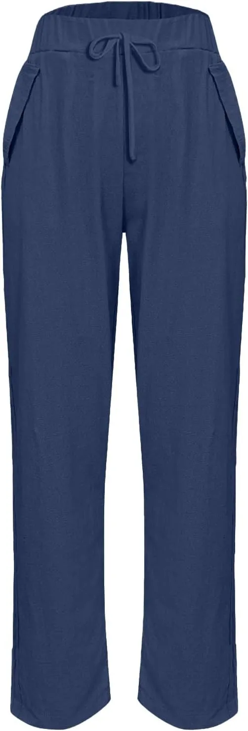 Linen Pants Women Straight Leg Drawstring Casual Trousers Pockets Beach Vacation Lounge Palazzo High Waist Pants
