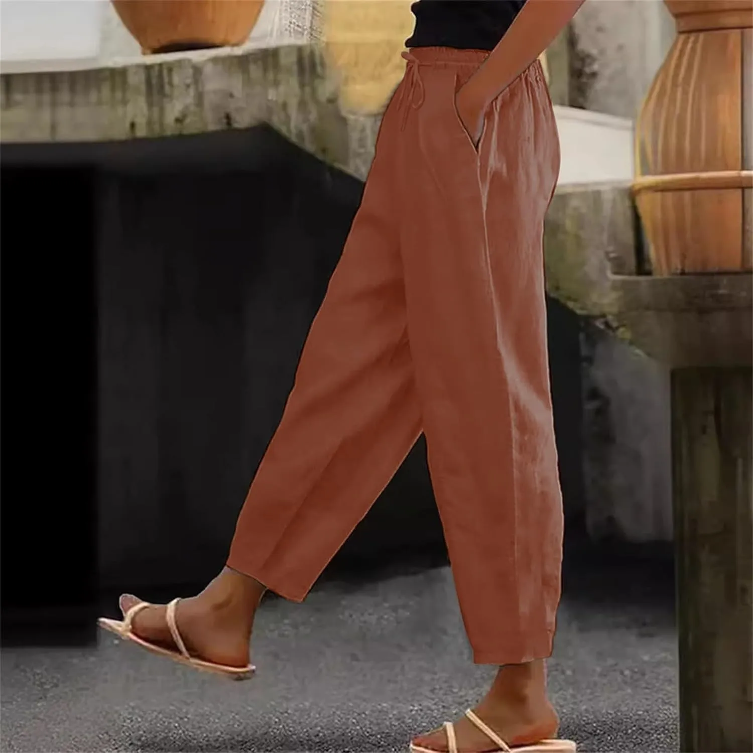 Linen Pants Women Straight Leg Drawstring Casual Trousers Pockets Beach Vacation Lounge Palazzo High Waist Pants
