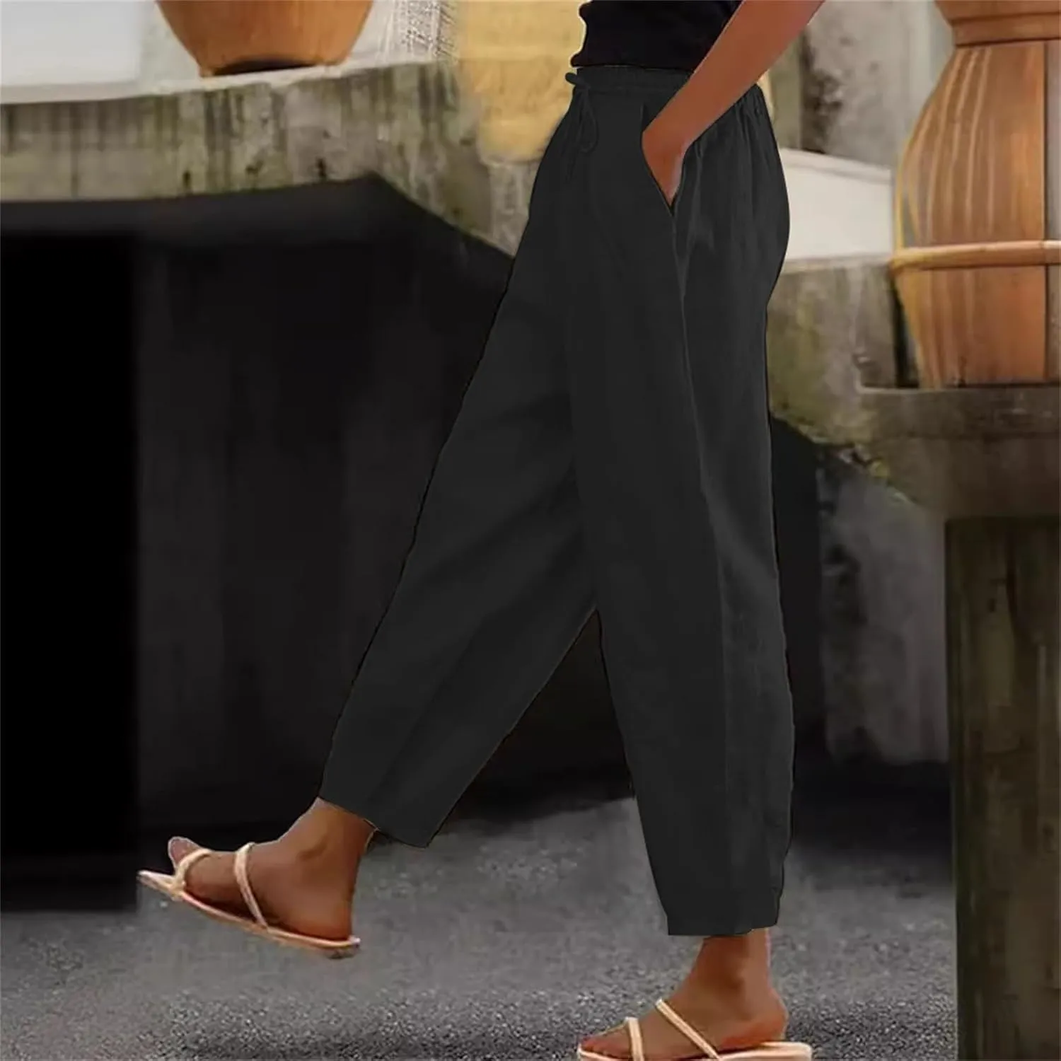 Linen Pants Women Straight Leg Drawstring Casual Trousers Pockets Beach Vacation Lounge Palazzo High Waist Pants